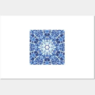 pure geometric snowflake pattern and design hexagonal kaleidoscopic style in shades of BLUE Posters and Art